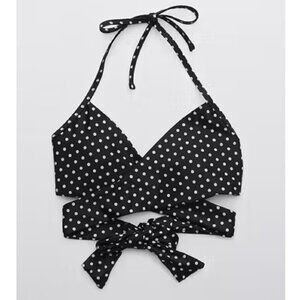 NWT Aerie Black White Polka Dot Bikini Top Size S Wrap Halter Swim Top Retro Tie